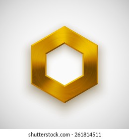 Gold abstract polygon  hex badge  technology blank button template and metal texture (chrome  steel)  realistic shadow   light background for interfaces  applications  apps  Vector illustration 