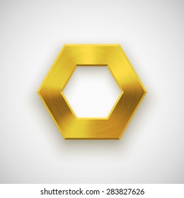 Gold abstract polygon  hex badge  technology blank button template and metal texture (chrome  steel)  realistic shadow   light background for interfaces  applications  apps  Vector illustration 