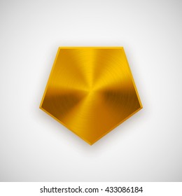 Gold abstract polygon, hex badge, blank button template with metal texture, chrome, silver, steel and realistic shadow for logo, design concepts, prints, web, apps, interfaces. Vector illustration.
