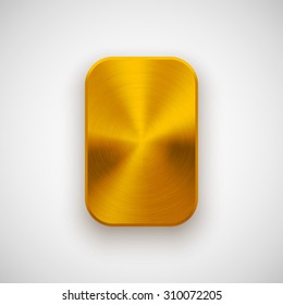 Gold abstract rectangle badge, blank button template with metal texture (chrome, silver, steel), realistic shadow and light background for web, UI, applications and apps. Vector illustration.