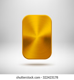 Gold abstract rectangle badge, blank button template with metal texture (chrome, silver, steel), realistic shadow and light background for web, UI, applications and apps. Vector illustration.