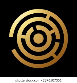 Gold Abstract Round Maze Shaped Icon with a Circle on a Black Background