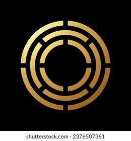 Gold Abstract Round Maze Shaped Icon on a Black Background