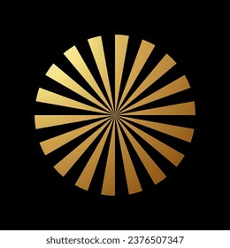 Goldenes abstraktes, rund gestaltetes Symbol mit dreieckigen Streifen auf schwarzem Hintergrund