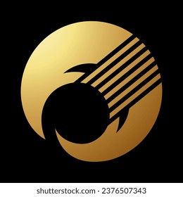 Gold Abstract Round Shark Fin Icon with Diagonal Stripes on a Black Background