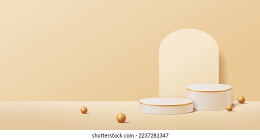 Gold abstract scene background with white 3d cylinder pedestal podium for display product presentation. Minimal geometric shape platform studio, Vector illustration