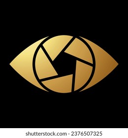 Icono de ojo de obturador abstracto de oro en fondo negro