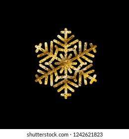 Gold abstract snowflake. Winter New year Christmas pattern. Vector decorative element on black isolated background.
