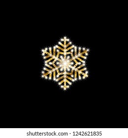Gold abstract snowflake. Winter New year Christmas pattern. Vector decorative element on black isolated background.