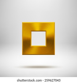 Gold abstract square badge, technology blank button template with metal texture (chrome, steel), realistic shadow and light background for user interfaces, UI, applications, apps. Vector illustration