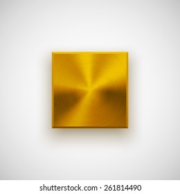 Gold abstract square badge, technology blank button template with metal texture (chrome, steel), realistic shadow and light background for user interfaces, UI, applications, apps. Vector illustration