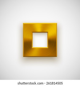 Gold abstract square badge, technology blank button template with metal texture (chrome, steel), realistic shadow and light background for user interfaces, UI, applications, apps. Vector illustration