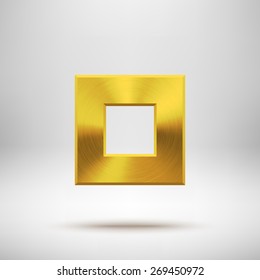 Gold abstract square badge, technology blank button template with metal texture (chrome, steel), realistic shadow and light background for user interfaces, UI, applications, apps. Vector illustration