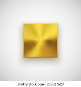 Gold abstract square badge, technology blank button template with metal texture (chrome, steel), realistic shadow and light background for user interfaces, UI, applications, apps. Vector illustration