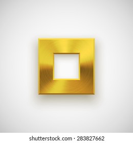 Gold abstract square badge, technology blank button template with metal texture (chrome, steel), realistic shadow and light background for user interfaces, UI, applications, apps. Vector illustration