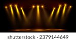 Gold abstract stage with spotlight for party show. Golden luxury award scene design template. Premium broadway backdrop or elegant disco studio. Light beam cinema or concert banner with royal flare