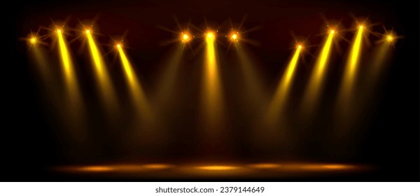 Gold abstract stage with spotlight for party show. Golden luxury award scene design template. Premium broadway backdrop or elegant disco studio. Light beam cinema or concert banner with royal flare