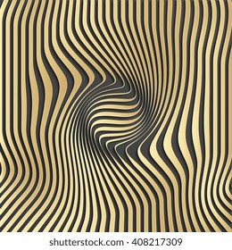 Gold abstract stripe pattern background.Optical illusion, twisted lines, abstract curves background. The illusion of depth and perspective.Abstract 3d vector illustration. Eps 10.