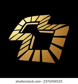 Resumen de oro Icono de cuadrados anidados a rayas en perspectiva sobre fondo negro