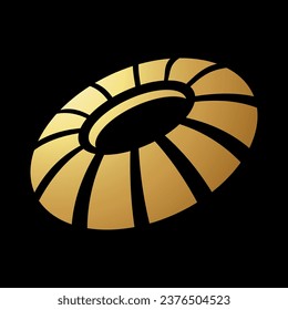 Icono de redondeo rayado en el resumen de oro en perspectiva sobre fondo negro