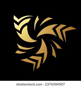 Goldenes abstraktes Striptes, dreiteiliges Pfeilsymbol auf schwarzem Hintergrund