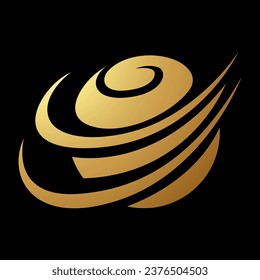 Gold Abstract Swirly Circle Shaped Icon with Curvy Slashes on a Black Background