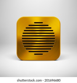 Gold abstract technology app icon, button template with circle perforated speaker grill pattern, metal texture (chrome, steel) and realistic shadow for interfaces (UI) and applications (apps).