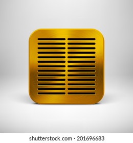 Gold abstract technology app icon, button template with perforated speaker grill pattern, metal texture (chrome, steel) and realistic shadow for interfaces (UI) and applications (apps).