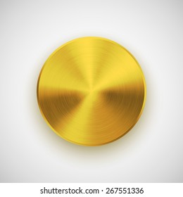 Gold abstract technology circle badge, blank button template with metal texture (chrome, silver, steel), realistic shadow and light background for user interfaces, UI, applications and apps. Vector.
