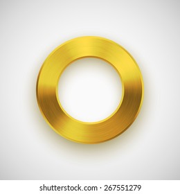 Gold abstract technology donut, ring badge, blank button template with metal texture (chrome, silver, steel), realistic shadow and light background for interfaces, UI, applications and apps. Vector.