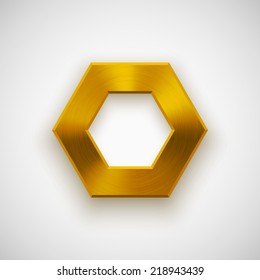 Gold abstract technology polygon  hex badge  blank button template and metal texture (chrome  silver  steel)  realistic shadow   light background for user interfaces  UI  applications  apps  Vector