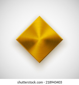 Gold abstract technology rhombic badge, blank button template with metal texture (chrome, silver, steel), realistic shadow and light background for web user interfaces, UI, applications, apps. Vector.