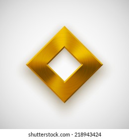 Gold abstract technology rhombic badge, blank button template with metal texture (chrome, silver, steel), realistic shadow and light background for web user interfaces, UI, applications, apps. Vector.