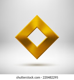 Gold abstract technology rhombic badge, blank button template with metal texture (chrome, silver, steel), realistic shadow and light background for web user interfaces, UI, applications, apps. Vector.