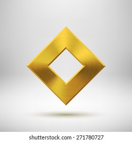 Gold abstract technology rhombic badge, blank button template with metal texture (chrome, silver, steel), realistic shadow and light background for web user interfaces, UI, applications, apps. Vector.