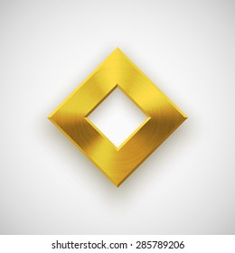 Gold abstract technology rhombic badge, blank button template with metal texture (chrome, silver, steel), realistic shadow and light background for web user interfaces, UI, applications, apps. Vector.