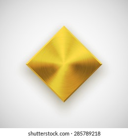 Gold abstract technology rhombic badge, blank button template with metal texture (chrome, silver, steel), realistic shadow and light background for web user interfaces, UI, applications, apps. Vector.