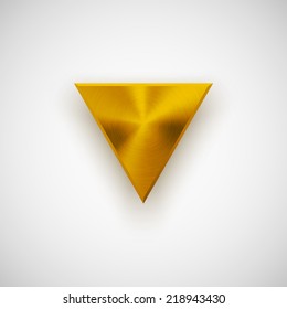 Gold abstract technology triangle badge, blank button template with metal texture (chrome, silver, steel), realistic shadow and light background for web user interfaces, UI, applications, apps. Vector
