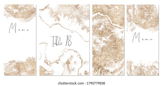 Gold abstract textured cards with hand drawn watercolor background. Vector templates set