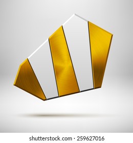 Gold abstract triangle badge, technology blank button template with metal texture (chrome, steel), realistic shadow and light background for interfaces, UI, applications, apps. Vector illustration.