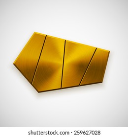 Gold abstract triangle badge, technology blank button template with metal texture (chrome, steel), realistic shadow and light background for interfaces, UI, applications, apps. Vector illustration.