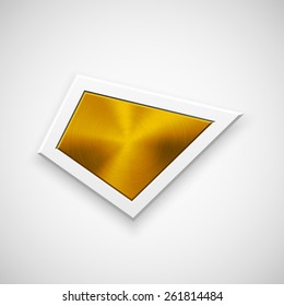 Gold abstract triangle badge, technology blank button template with metal texture (chrome, steel), realistic shadow and light background for interfaces, UI, applications, apps. Vector illustration.