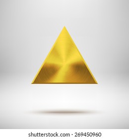 Gold abstract triangle badge, technology blank button template with metal texture (chrome, steel), realistic shadow and light background for interfaces, UI, applications, apps. Vector illustration.