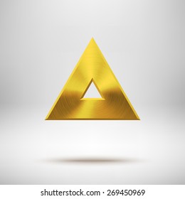 Gold abstract triangle badge, technology blank button template with metal texture (chrome, steel), realistic shadow and light background for interfaces, UI, applications, apps. Vector illustration.
