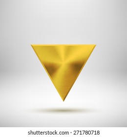 Gold abstract triangle badge, technology blank button template with metal texture (chrome, steel), realistic shadow and light background for interfaces, UI, applications, apps. Vector illustration.