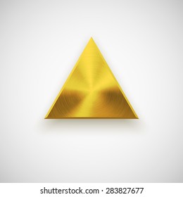 Gold abstract triangle badge, technology blank button template with metal texture (chrome, steel), realistic shadow and light background for interfaces, UI, applications, apps. Vector illustration.