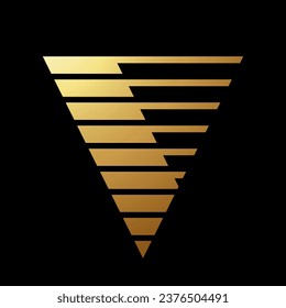 Gold Abstract Triangular Letter V Icon with Horizontal Stripes on a Black Background