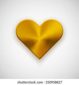 Gold abstract Valentines heart sign, button template with metal texture (chrome, steel), realistic shadow and light background for web, banners, badges, presentations, prints. Vector illustration.