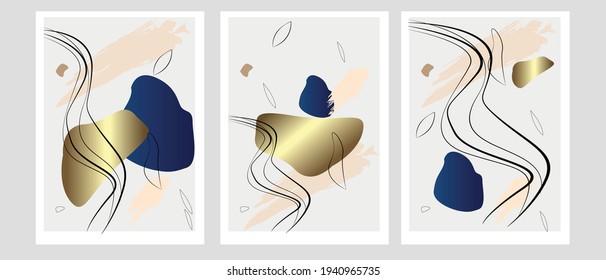 Gold abstract vector wall art collection. Color soft, organic shape design