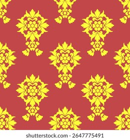 Gold abstract vintage damask seamless pattern. Design an ikat pattern on a red background. Ideas for wallpaper, wrapping, and textiles. Victorian style. Baroque style.